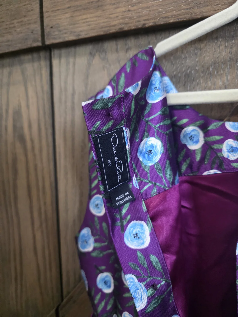 Oscar de la Renta Purple Floral Satin Party Dress with Black Velvet Waistband